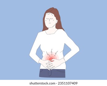 Diarrea o estreñimiento, problemas con el concepto de salud. Joven triste Mujer de pie sintiendo dolor en el estómago tocándolo con las manos con la enfermedad del Abdomen y la ilustración vectorial de la enfermedad.
