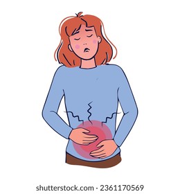 Diarrea o estreñimiento, problemas con el concepto de salud. Joven triste Mujer de pie sintiendo dolor en el estómago tocándolo con las manos con la enfermedad del Abdomen y la ilustración vectorial de la enfermedad.