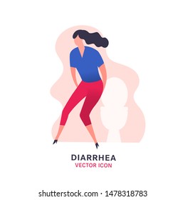 Diarrhea or digestive problem vector icon. Sick girl sign. Editable illustration in modern flat style. Medical, healthcare, food poisoning concept in bright magenta, blue and pink colors.