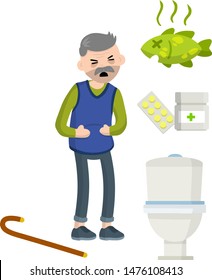 Diarrhea, Upset Stomach. Old Man Holding Belly. Set Of Indigestion Icons. Medical Assistance In Case Of Poisoning. Poor Nutrition. Toilet Bowl, Medicine And Pills, Rotten Fish And Food. Health Problem