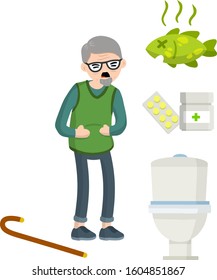 Diarrhea, Upset Stomach. Old Man Holding Belly. Medical Assistance In Case Of Poisoning. Poor Nutrition. Health Problem. Toilet Bowl, Medicine And Pills, Rotten Fish And Food. Set Of Indigestion Icons