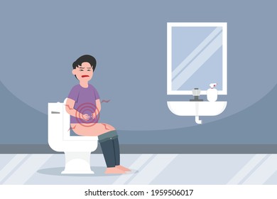 Diarrhea vector concept: Young man suffering diarrhea and sitting in the toilet while holding his stomach