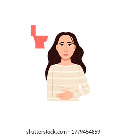 Diarrhea And Vomiting Concept. Constipation And Nausea Concept. Sick Woman Needs To Vomit For Relief. Pregnancy Or Flu Virus, Food Poisoning Illness Symptom. Young Girl Has Pain In Her Stomach. Medical Vector Illustration.