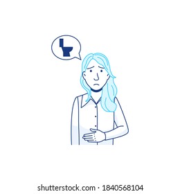 Concepto de vómitos de diarrea. Icono de la línea de náuseas del estreñimiento. La mujer enferma necesita alivio para el vómito. Virus de embarazo, enfermedad gripal, síntoma de intoxicación alimentaria. La niña tiene dolor de estómago. Ilustración vectorial médica