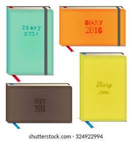 Diary 2016 set, vector stationary notebooks with elastic band in different colours