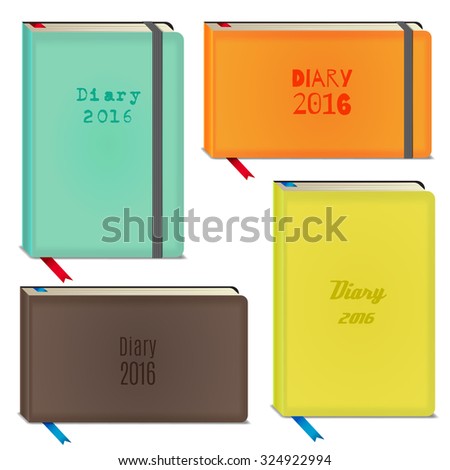 Diary 2016 set, vector stationary notebooks with elastic band in different colours