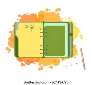 Diary with  blank list. Isolated illustration. Vector EPS 10.  Concept designer green notepad.