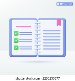 Diary or Book icon symbols. check mark, bookmark, e-book, magazine, Education concept. 3D vector isolated illustration design. Cartoon pastel Minimal style. You can used for design ux, ui, print ad.