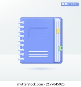 Diary or Book icon symbols. Textbook with bookmark, e-book, magazine, Education concept. 3D vector isolated illustration design. Cartoon pastel Minimal style. You can used for design ux, ui, print ad.