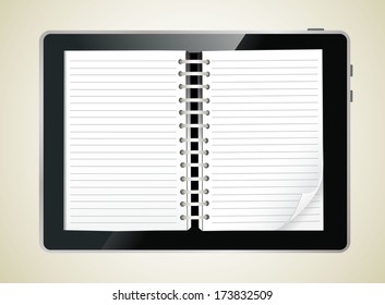 Diary book on a digital tablet screen. Vector Illustration.