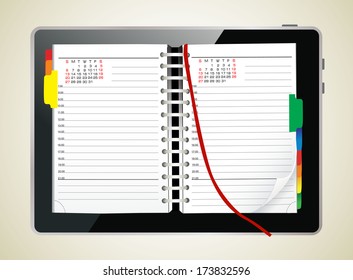 Diary book on a digital tablet screen. Vector Illustration.