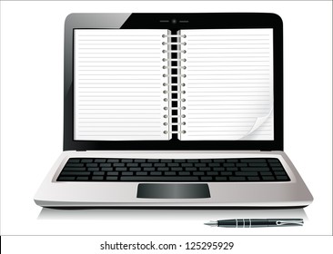 A diary book on a laptop screen. Vector Illustration.