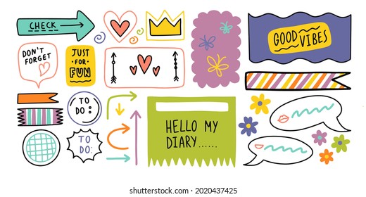 Diary Bullet Cute Journal Border Elements. Note Icon, Sticker For School. Vector Illustration