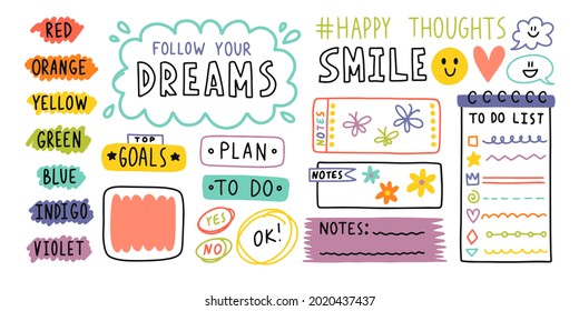 Diary Bullet Cute Journal Border Elements. Note Icon, Sticker For School. Vector Illustration