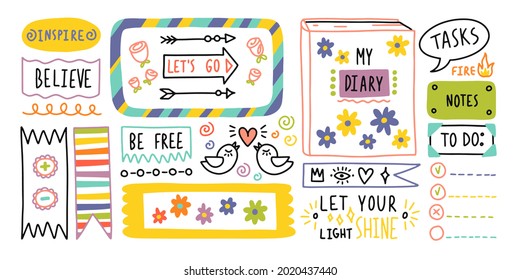 Diary bullet cute journal border elements. Note icon, sticker for school. Vector illustration