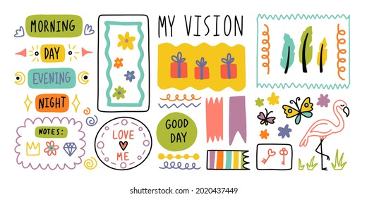 Diary Bullet Cute Journal Border Elements. Note Icon, Sticker For School. Vector Illustration