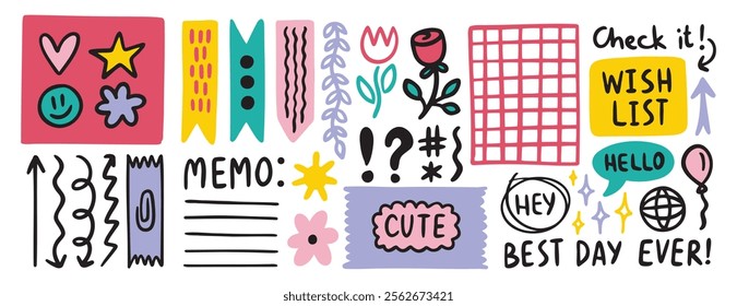 Diary bullet notes cute journal border elements. Memo icon, sticker for school, girls. Vector illustration