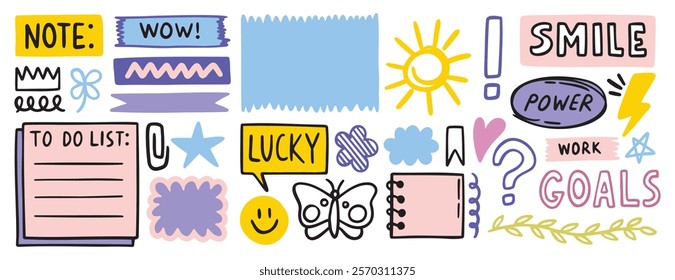 Diary bullet notes cute journal border elements. Memo icon, sticker for school, girls. Vector illustration