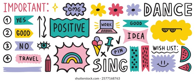 Diary bullet notes cute journal border elements. Memo icon, sticker for school, girls. Vector illustration