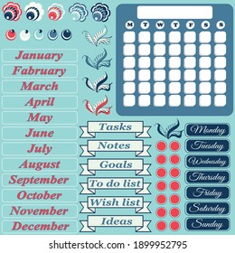 diary with calendar, days of the week and months