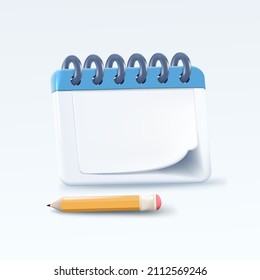 Diario, calendario, cuaderno con lápiz. Icono 3d imagen realista vector en estilo de caricatura