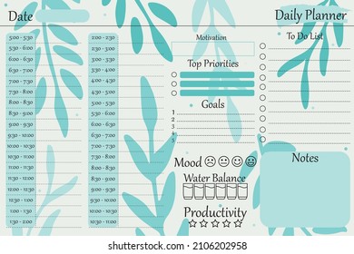 Diary. Chart hourly, minimalistic design with green sheets. Green, black colors