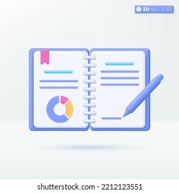 Diary and Circle diagram icon symbols. bookmark, e-book, magazine, Education concept. 3D vector isolated illustration design. Cartoon pastel Minimal style. You can used for design ux, ui, print ad.