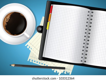Diary and coffee on table