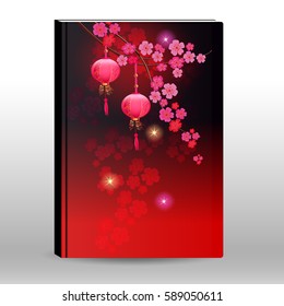 Diary cover design Japanese or Chinese background with sakura flowers.