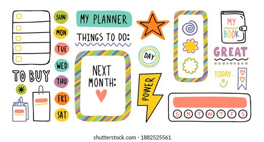 Diary cute note elements. Hand drawn doodles bullet journal banners