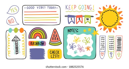 Diary cute note elements. Hand drawn doodles bullet journal banners