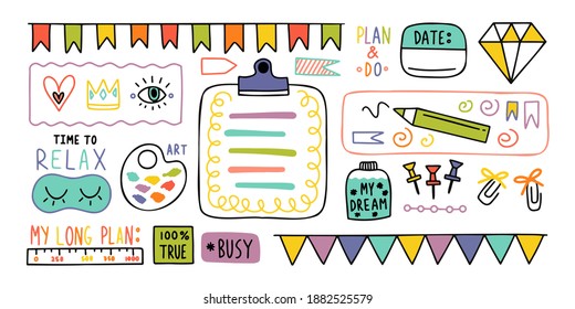 Diary Cute Note Elements. Hand Drawn Doodles Bullet Journal Banners