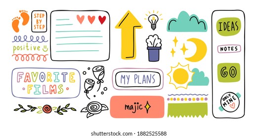 Diary Cute Note Elements. Hand Drawn Doodles Bullet Journal Banners