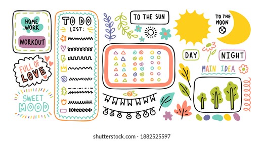 Diary cute note elements. Hand drawn doodles bullet journal banners