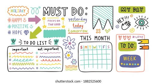 Diary Cute Note Elements. Hand Drawn Doodles Bullet Journal Banners