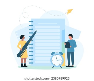 Diary, daily planner and agenda in office notepad vector illustration. Cartoon tiny people holding pen to write important notes in paper notebook, man and woman make report for task organization