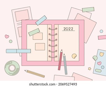 Sobre el escritorio encontrarás pegatinas de agenda y decoración. fondo rosa. ilustración vectorial de estilo de diseño plano.