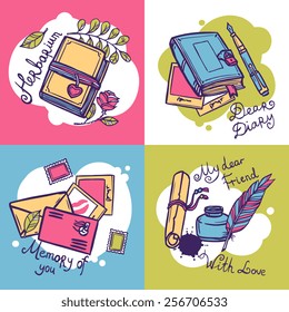 Diary design concept set with herbarium love letter hand drawn icons isolated vector illustration
