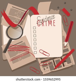 The diary of the detective.   On the page you can record your investigation. Inscription evidence of crime.
The detective highlights the important information with a red marker. Vector illustration.
