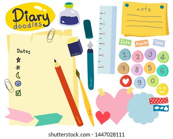 Diary doodles illustration, including papers and other stationaries 
