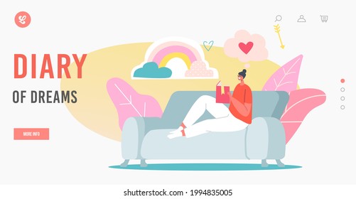 Diary of Dreams Landing Page Template. Girl Sitting on Couch Writing in Pink Diary. Character Put Notes, Write Memoirs in Notebook. Schoolgirl Share Feelings with Notepad. Cartoon Vector Illustration