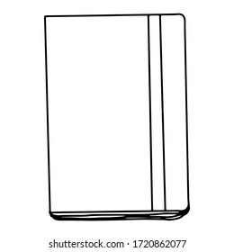 Diary with an elastic band on an isolated white background. Black hand draw outline. Back to school, office. Vector illustration.