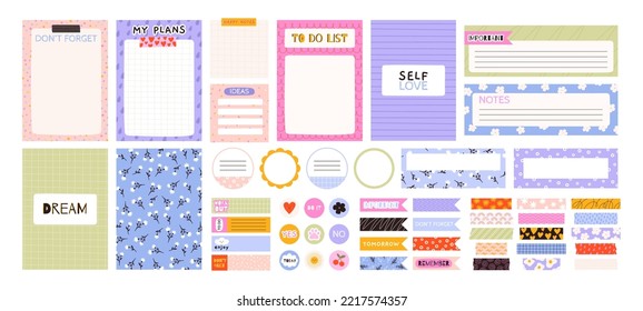 Elementos diarios, páginas y divertida colección de stickers. Los niños organizan tarjetas, cubiertas para portátiles y cintas de washi. Pads pegajosas para el nombre, racy personal diary vector set