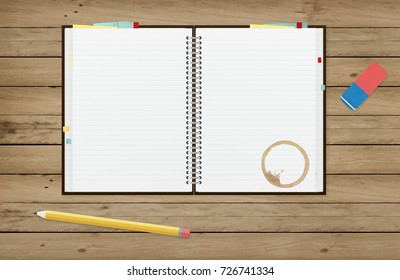 Diary with Empty Pages Eraser, Coffee stain and Pencil on Wooden Desk. Vector File with copy space