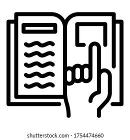 Icono de diario y dedo. Icono del diario de contorno y del vector del dedo para el diseño web aislado en fondo blanco