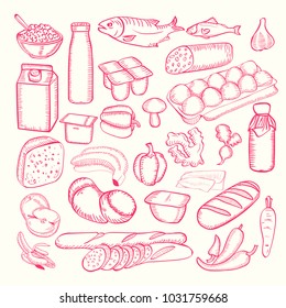 Diary Food doodles collection. Vector doodle set hand drawn. Organic food set. Different kinds of diary products for menu decoration. 