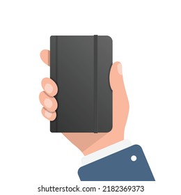 Diary in hand illustration in flat style. Notebook vector illustration on isolated background. Notepad sign business concept.
