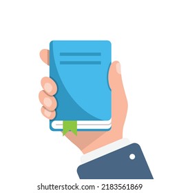 Diary in hand illustration in flat style. Notebook vector illustration on isolated background. Notepad sign business concept.