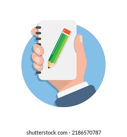 Diary in hand illustration in flat style. Notebook vector illustration on isolated background. Notepad sign business concept.