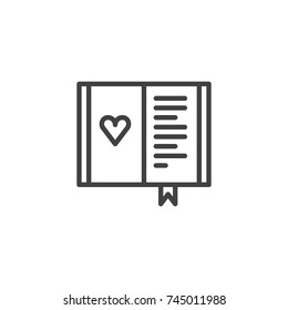 Diary with heart line icon, outline vector sign, linear style pictogram isolated on white. Symbol, logo illustration. Editable stroke